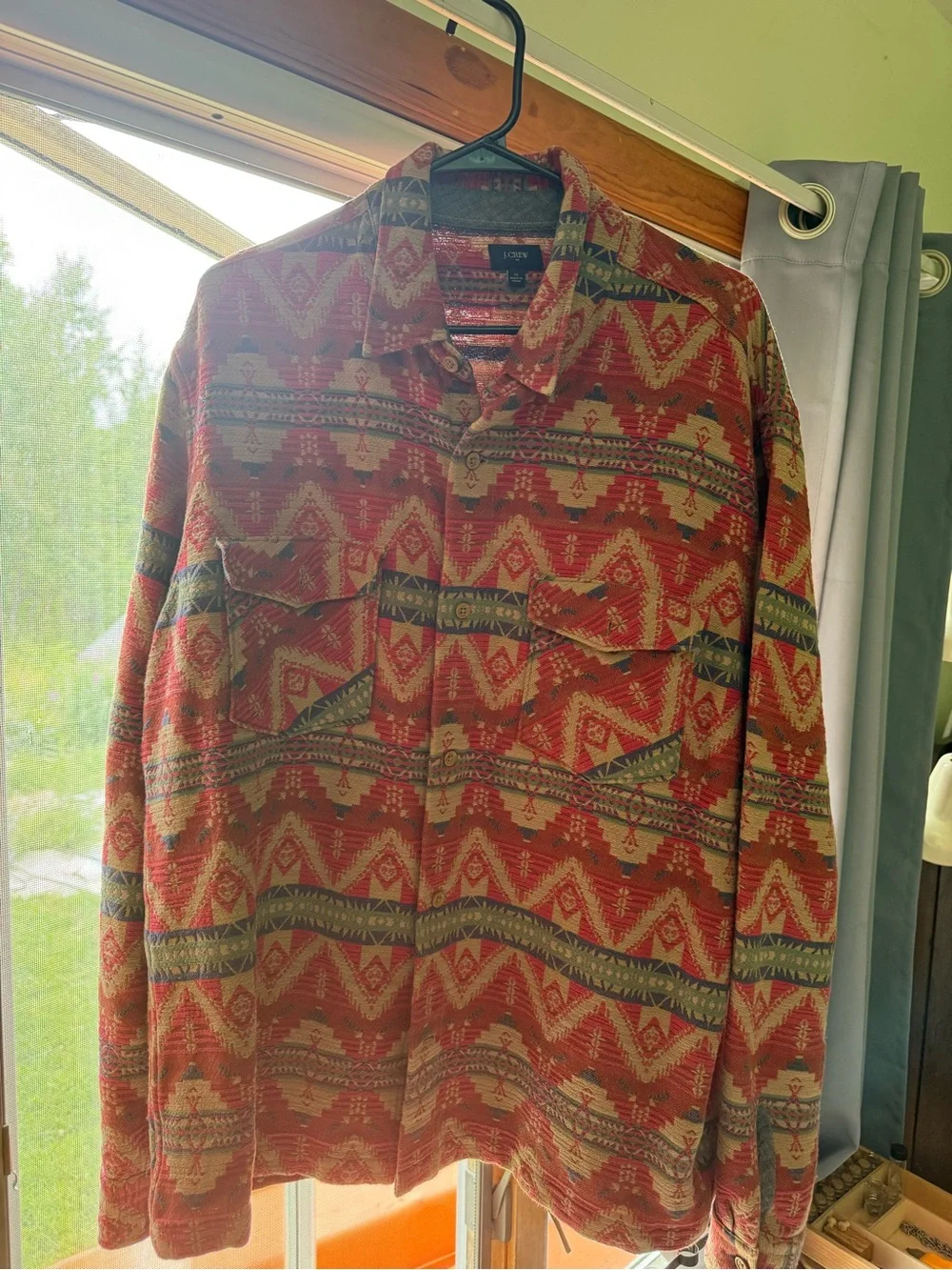 J. Crew Red and Blue Geometric Pattern Button-Down Shirt